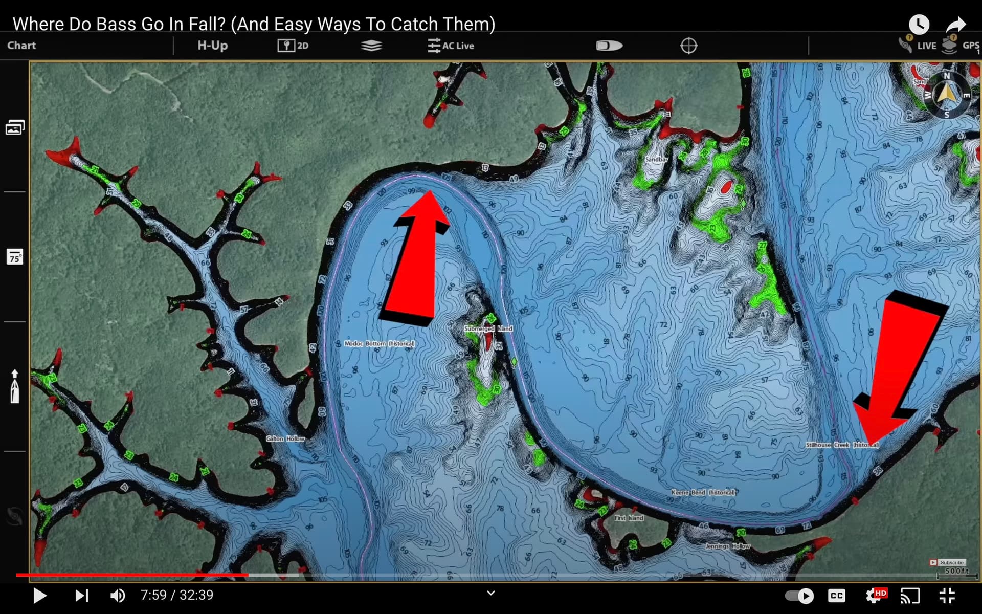 Deep water bass areas on Lake Cumberland - Map 1
